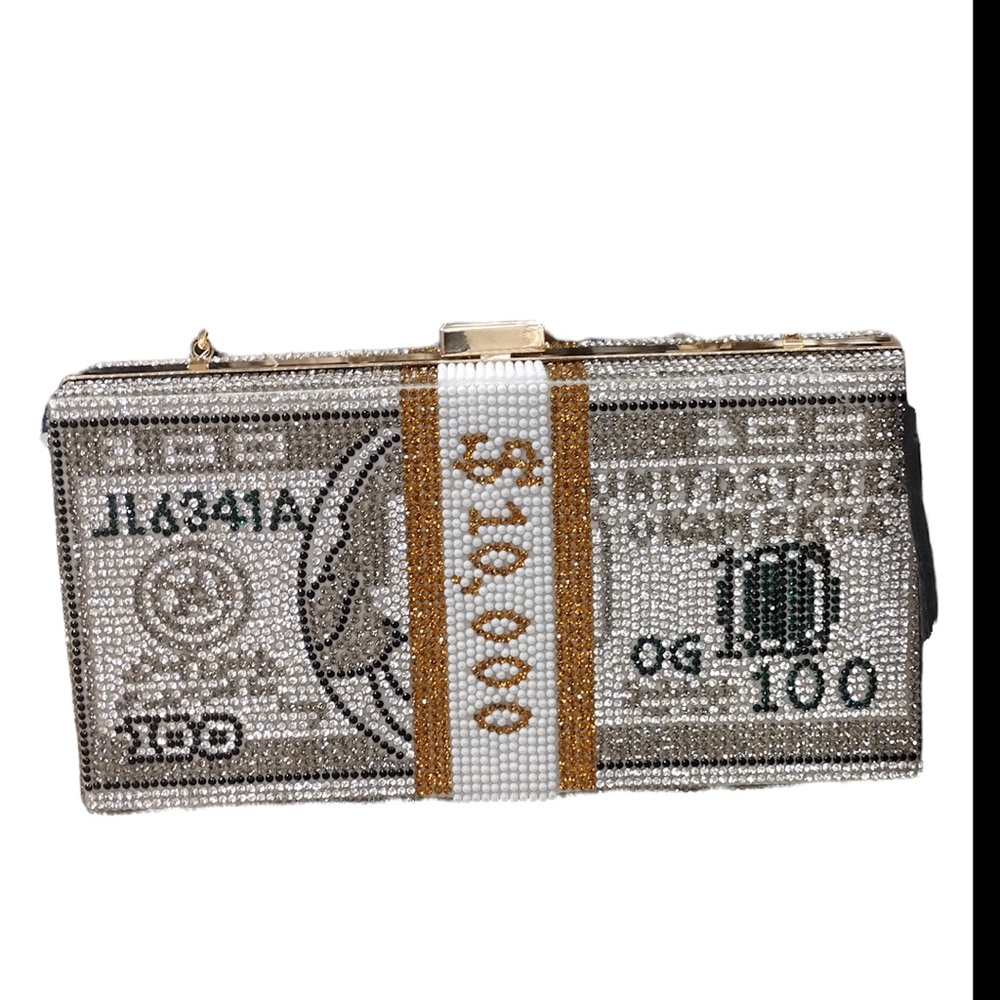 Small 100 dollar bill rhinestone clutch with chain shoulder strap